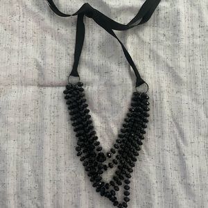 Adjustable Layered Black Bead with Ribbon Tie Necklace